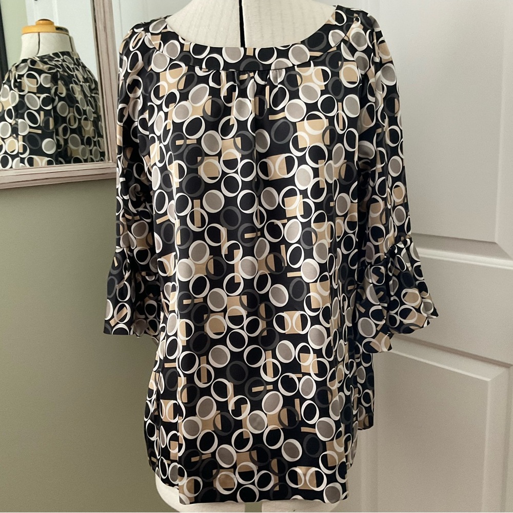 BLACK AND TAUPE GEOMETRIC PATTERN PRINT BLOUSE, SIZE: L